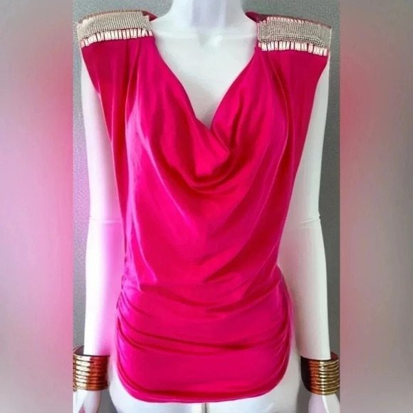 Bebe/ Tank top/ 2  tone silver metal mesh chain detail/ Hot pink/ Size US S - Picture 3 of 9